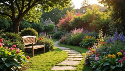 Een weelderige tuin met een kronkelend stenen pad, kleurrijke bloemen en een houten tuinbank, in het gouden avondlicht.