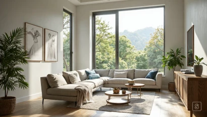 Een moderne woonkamer met energiezuinige apparaten en veel daglicht.