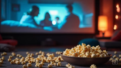 Gezellige thuisbioscoop met comfortabele stoelen en popcorn.