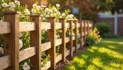 Nieuwbouw houten schutting in een tuin, gouden uurtje.