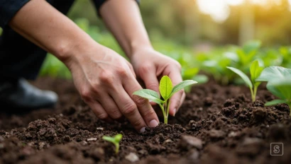 Close-up van handen die zaailingen planten in donkere aarde.