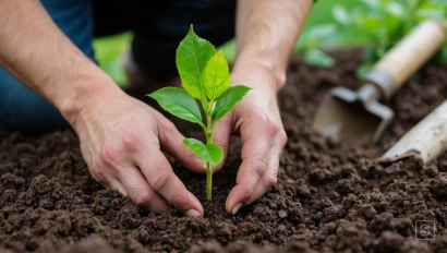 Handen planten een jonge boom in vruchtbare grond.