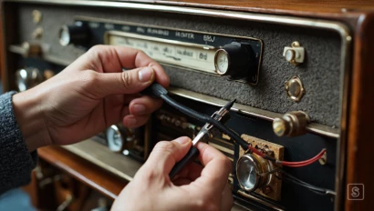 Een persoon repareert een oude radio met een schroevendraaier.