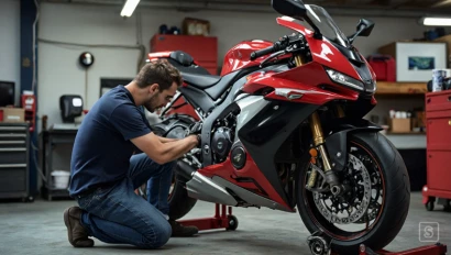 Monteur vervangt de banden van een sportmotorfiets.