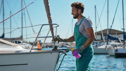 Man reinigt de romp van een zeilboot in een jachthaven.