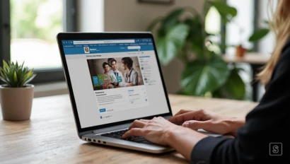 Iemand die op LinkedIn werkt, met een goed gevuld profiel, thuiswerkplek.