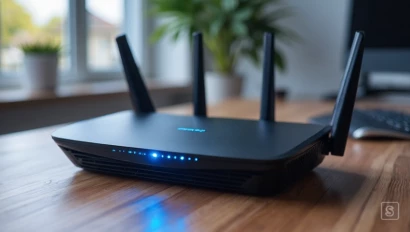 Moderne wifi router op een bureau.