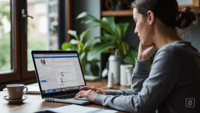 Iemand werkt geconcentreerd op een laptop met een Facebook pagina.