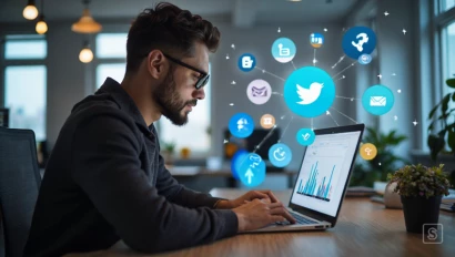 Een persoon die geconcentreerd werkt op een laptop met social media iconen op het scherm.