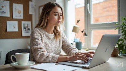 Een persoon plant Instagram content op een laptop in een lichte werkomgeving.