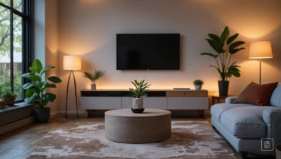 Een moderne woonkamer met slimme apparaten zoals een speaker, thermostaat en verlichting.