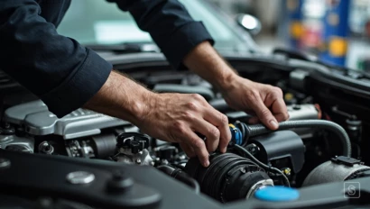 Een monteur die onder de motorkap van een auto werkt.