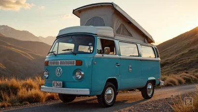 Klassieke campervan op een bergweg in het gouden uur.