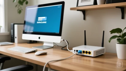 Een thuiswerkplek met een computer aangesloten op een router met een Ethernetkabel.