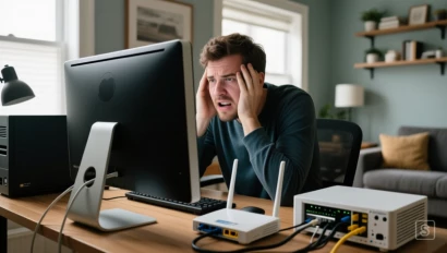 Een thuiswerkplek met een computer en netwerkapparatuur.