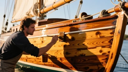 Iemand brengt marine vernis aan op de houten romp van een zeilboot.