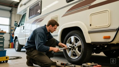 Een persoon repareert een wiel van een camper in een werkplaats.