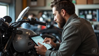 Een motorrijder volgt een reparatiehandleiding op een tablet.