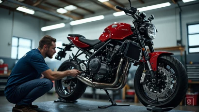 Een motorfiets op een lift in een nette garage.