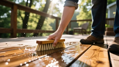Een persoon reinigt een houten terras met een borstel.