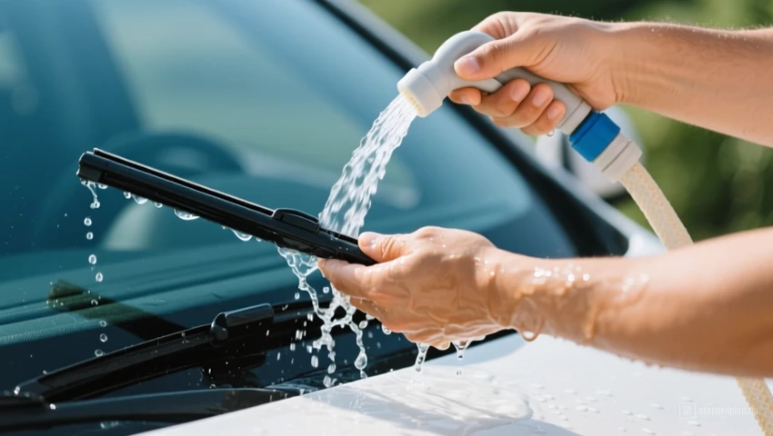 Handen spoelen een ruitenwisserblad schoon met schoon water uit een tuinslang.