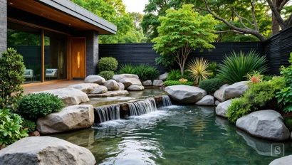 Een moderne achtertuin met een natuurlijke vijver, rotsen, planten en een waterval.