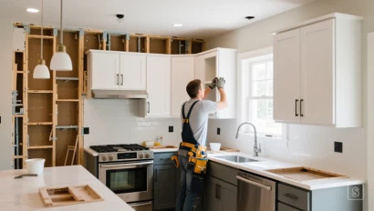 Renovatie van een moderne keuken, met een installateur die nieuwe keukenkasten plaatst.