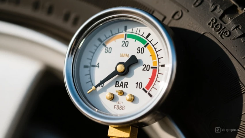 Detailopname van een bandenspanningsmeter met een aflezing in PSI of BAR.