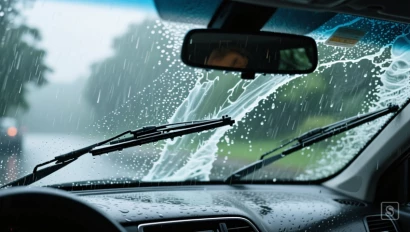 Een autoruit wordt schoongeveegd door ruitenwissers tijdens een regenbui.