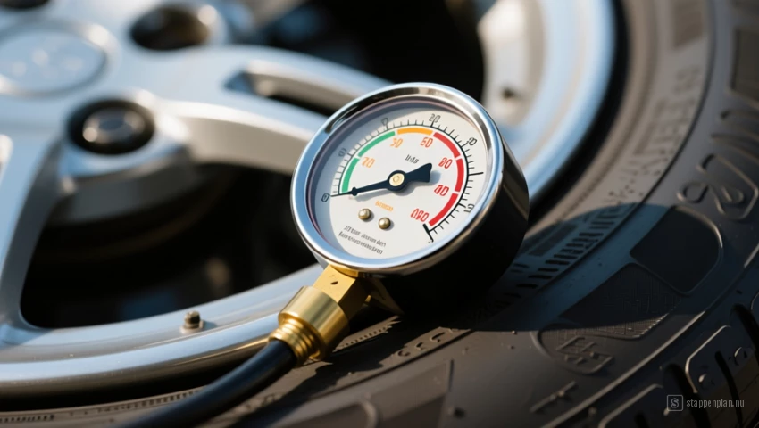 Een analoge bandenspanningsmeter rustend op een autoband.