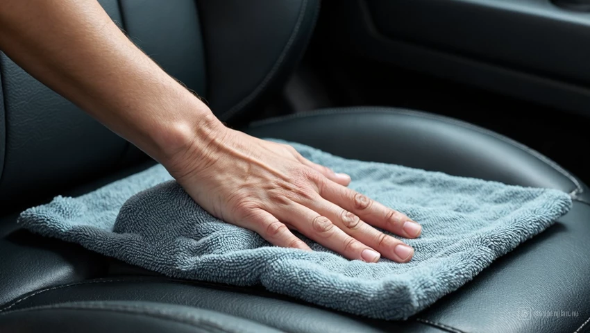 Detailopname van droge autostoelbekleding na het afdeppen met een schone handdoek.