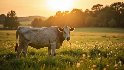 Koe graast in een bloemrijk weiland.