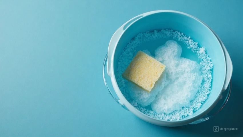 Overzicht van een emmer met water en een kleine hoeveelheid afwasmiddel, klaar om te reinigen.