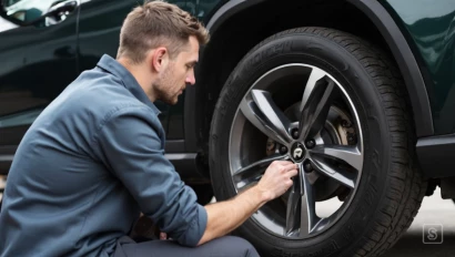Persoon die de bandenspanning van de achterband van een auto controleert.