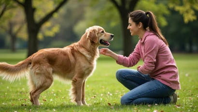 Vrouw die een Golden Retriever traint in het park.