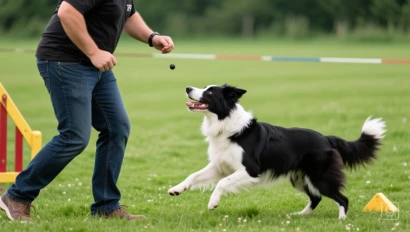 Border Collie oefent het 'komen' commando tijdens de training.