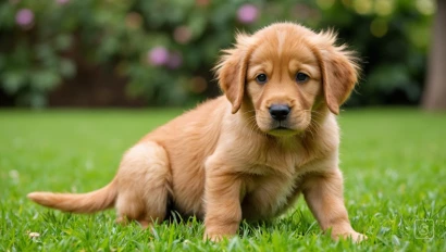 Een gouden retriever puppy die buiten op het gras zijn behoefte doet.