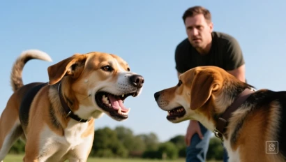 Een hond die mild agressief gedrag vertoont naar een andere hond, met een bezorgde eigenaar.