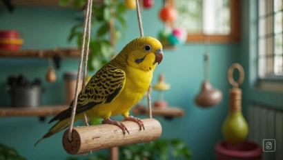 Een parkiet speelt in zijn kooi.