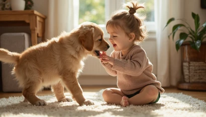 Speelse golden retriever pup met een kind.