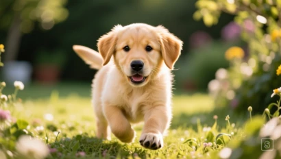Een schattige golden retriever puppy speelt in een zonnige tuin.