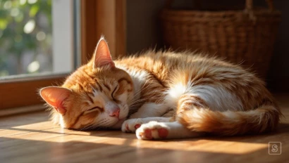 Een rustig slapende oranje tabby kat in een zonnestraal.