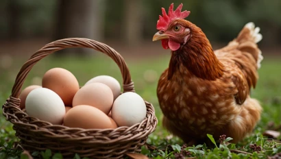 Een mand gevuld met vers gelegde bruine en witte eieren naast een tevreden hen.