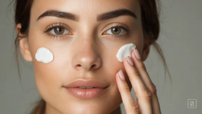 Vrouw die dagcrème aanbrengt op haar gezicht.