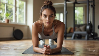 Vrouw die een plank oefening doet in een moderne thuisgym.