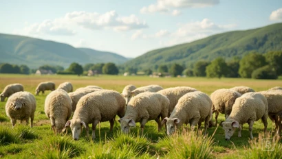 Een kudde schapen graast rustig in een groene weide met heuvels op de achtergrond.