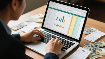 Iemand categoriseert uitgaven op een laptop.