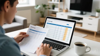 Iemand die zorgvuldig een maandelijks budget overzicht bekijkt op een laptop.