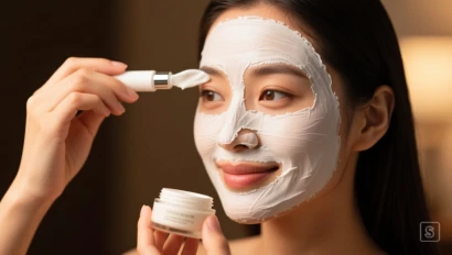 Vrouw die een gezichtsmasker aanbrengt.