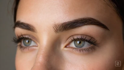 Close-up van verzorgde wenkbrauwen en natuurlijke make-up.